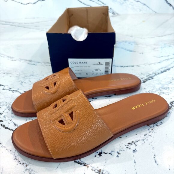 Cole Haan Flynn Logo Slide Sandal Pecan Leather Size 10.5 - Picture 1 of 6